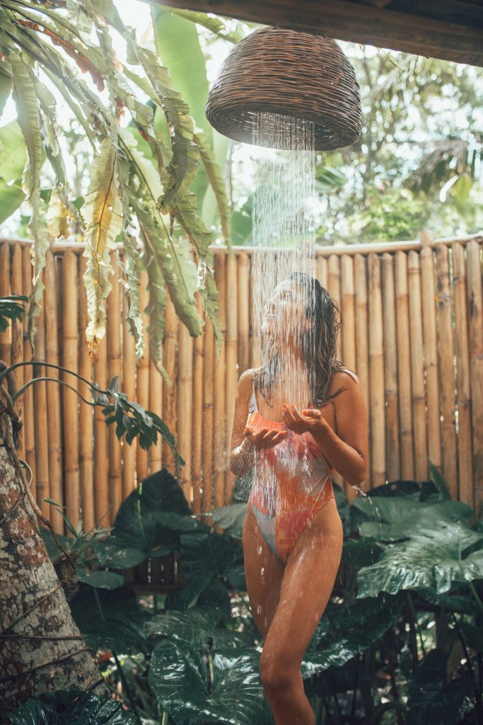 outdoor shower at Hideout lightroom Bali Bamboo House