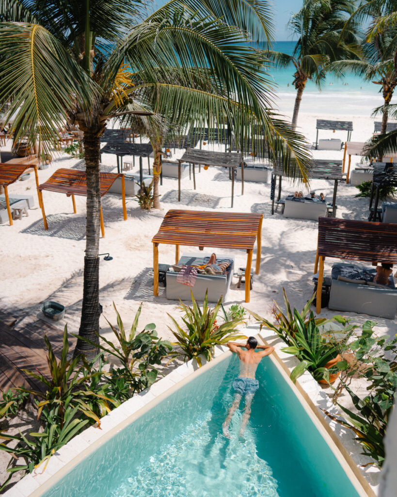Pool and beach cabanas at Maxanab hotel Tulum Beach 
