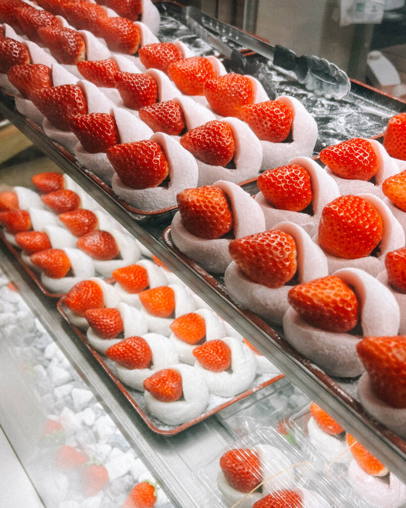 strawberry mochi at Nishiki Food Market kyoto