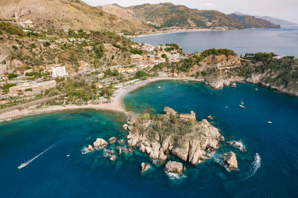 Areal view of Isola Bella and coast line of Taormina Sicily