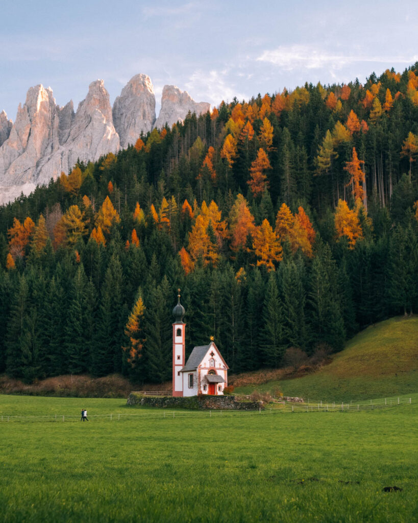 Church of St John a small pink and white chapel with an onion dome stands alone in a vast green meadow, framed by a dense forest of evergreens and golden larches. Towering Dolomite peaks rise in the background in Val di Funes