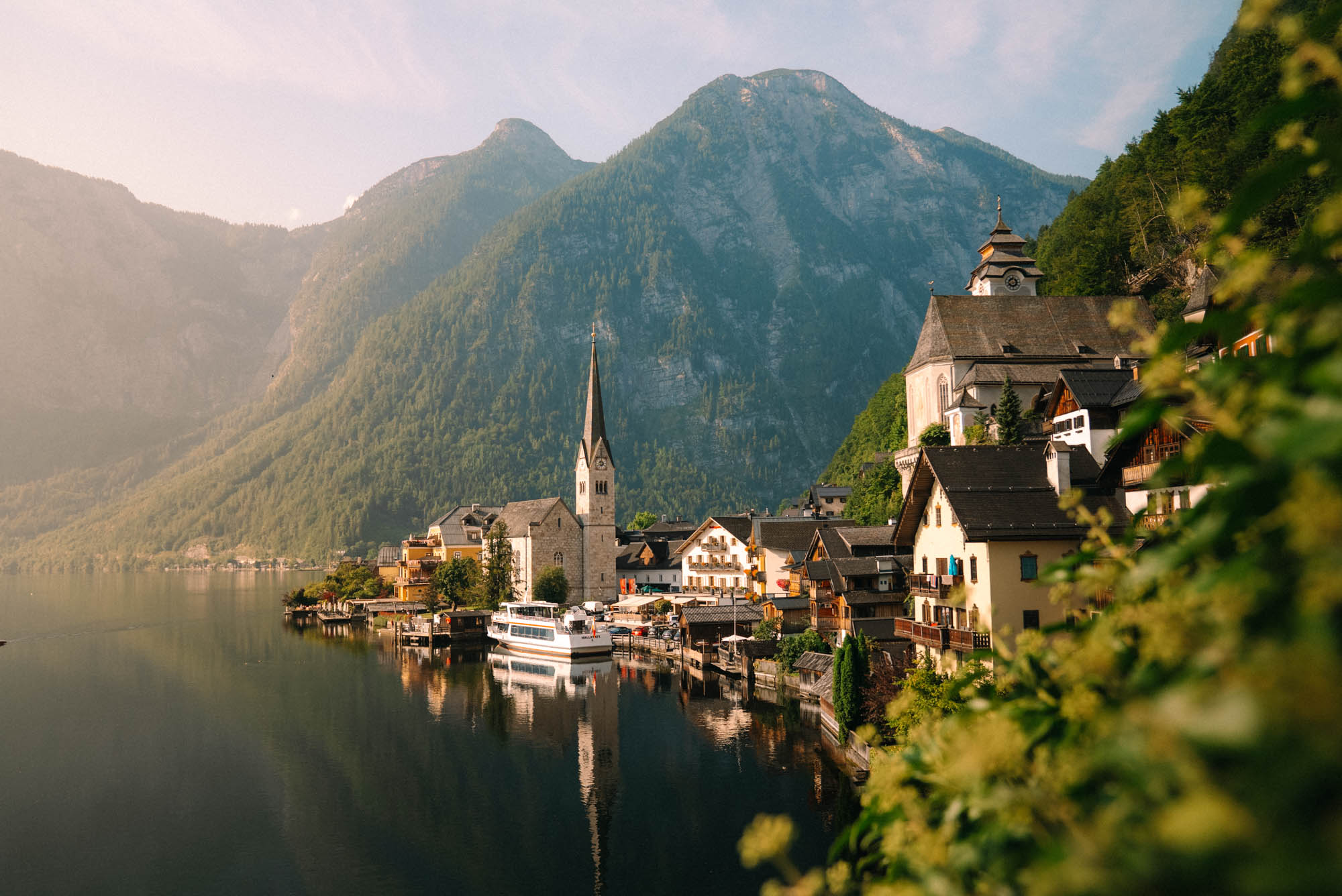 Hallstatt lake side village in Austria lit with morning light
