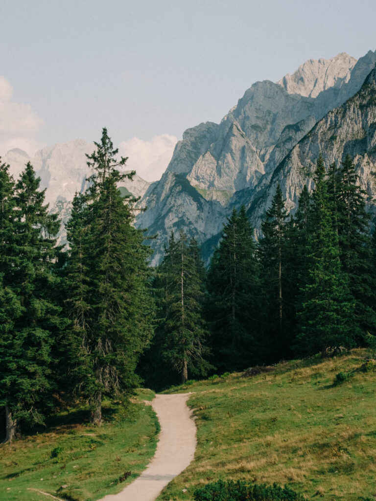 an alpine summer trail in Vorderer Gosausee austrian alps 