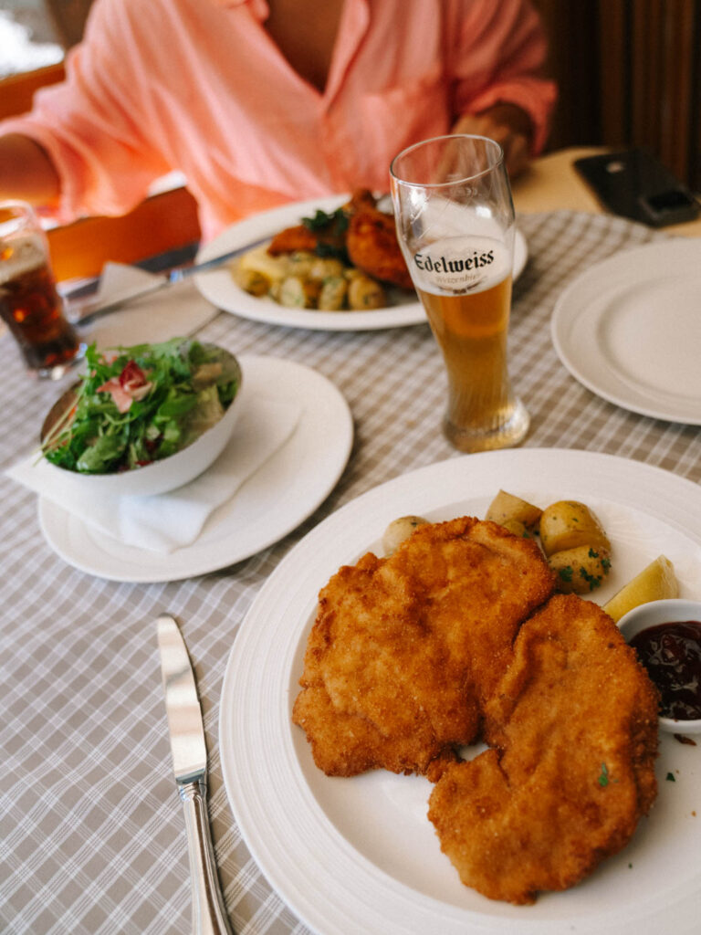 Austrian traditional food, schnitzel and beer 