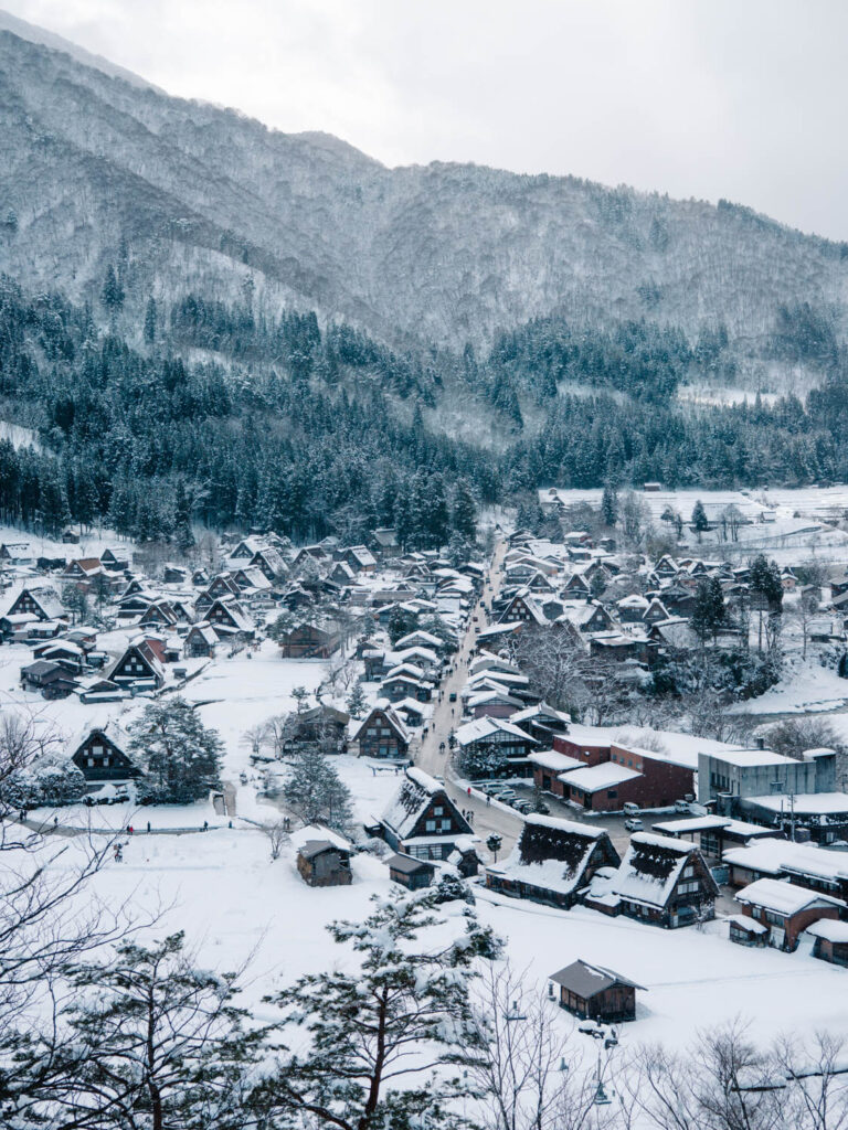 shirakawago village during winter as seen from the lookout view point 